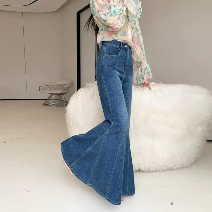 Jeans rétro bleu taille haute évasés et ajustés, nouveaux pantalons évasés à queue de poisson fins e