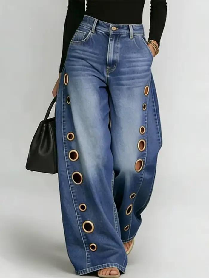 UCXQ Jean décontracté uni à jambe large avec boutons à œillets, taille haute, polyvalent, Nouvelle c