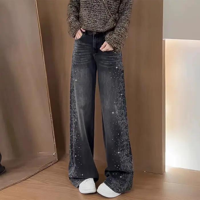Nouveau Jean Large Scintillant Effet Diamant Taille Haute Rétro pour Femme 2026