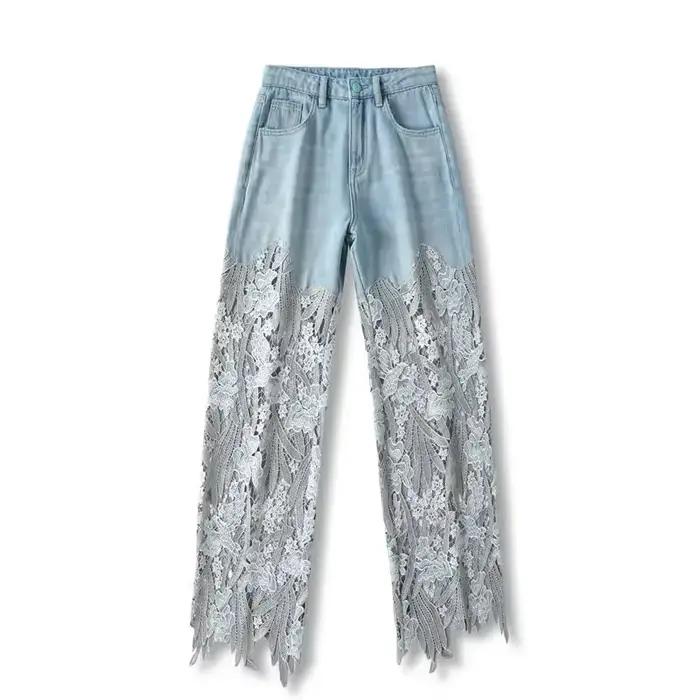 Jeans en dentelle taille haute pour femmes, patchwork, évider, pantalons irréguliers, pantalons déco