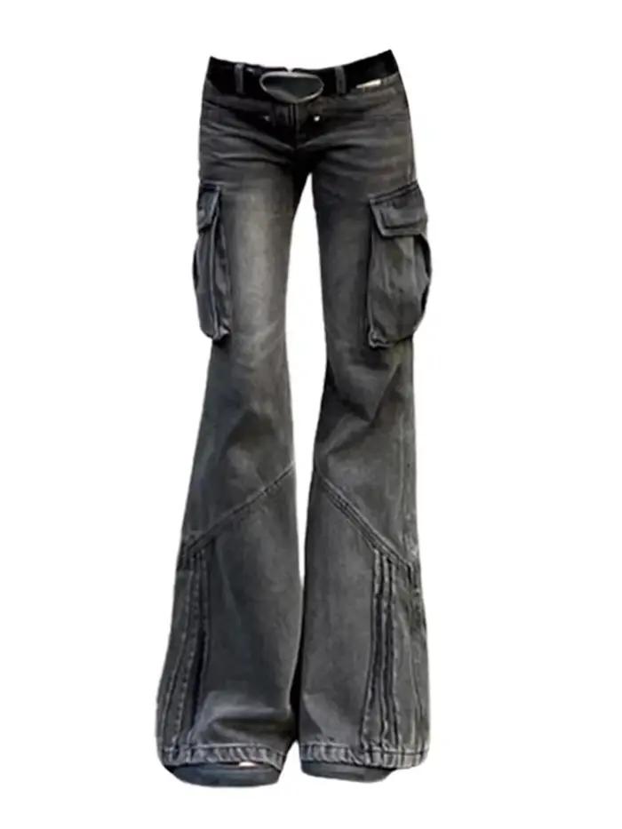 CJFHJE-Jean Délavé à Cloche Rétro Américain pour Femme, Bas Noir, Taille Basse, Slim, Évasé, Mode, D