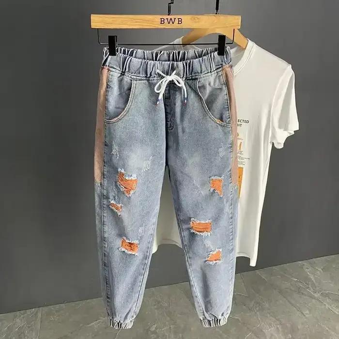 Jean Délavé avec Trous pour Homme, Pantalon de Cowboy, Déchiré, Harem, Printemps, Automne, Été, Empi