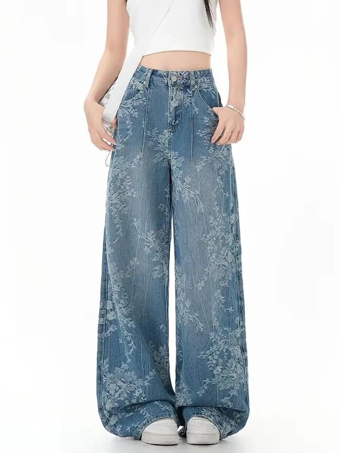 Jean imprimé à la mode, pantalon de nettoyage en Denim à fleurs rétro, Style coréen, ample, Hip Hop,