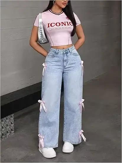 Jean Street Hot Girl Bow Collage coupe ample, jambe droite et large