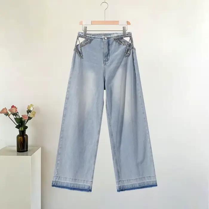 Jean Y2K à franges en strass pour femme, taille basse, jambes larges, denim ajouré, nouvelle collect