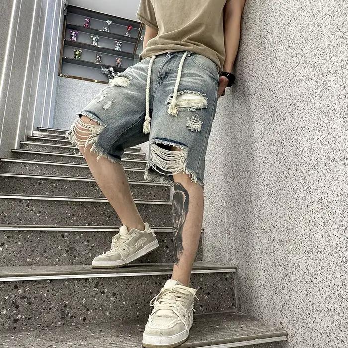 Shorts en jean déchirés pour hommes, taille haute, coupe ample, longueur genou, style streetwear vin