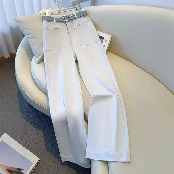 Vintage jean à jambes larges blanc gris pantalon droit décontracté femmes Pocekts coupe ample drapé 