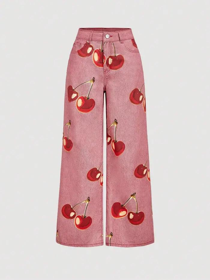 Jean large taille haute coupe droite imprimé cerises style jeune fille, pantalon en denim décontract