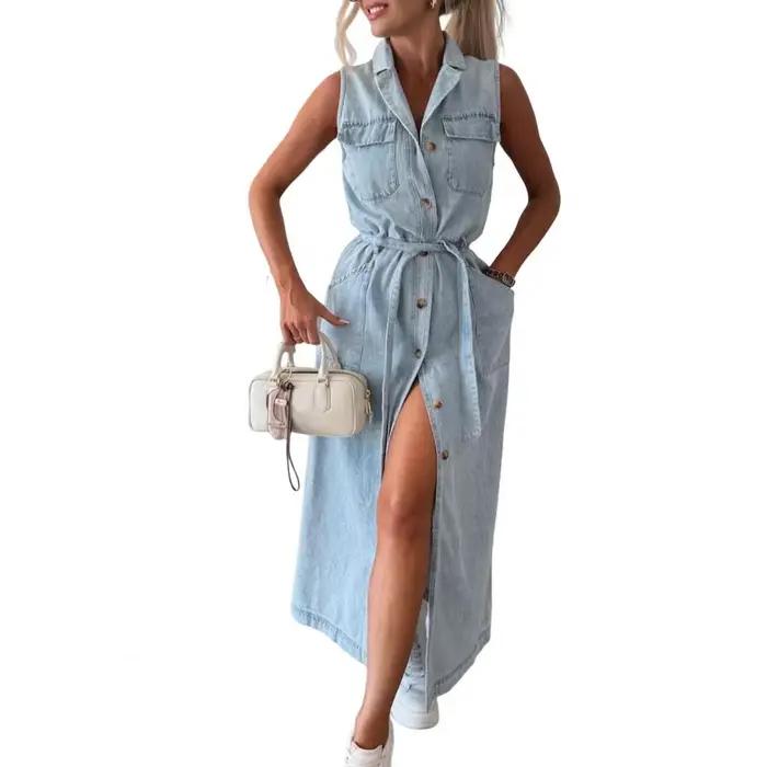 Robe en jean pour femmes, chemise en jean pour femmes, robe longue avec ceinture, boutonnée, col rab