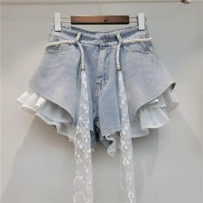 Shorts en jean bleu Aoaiiys pour femme, patchwork à volants Y2K avec ceinture, style coréen, short c