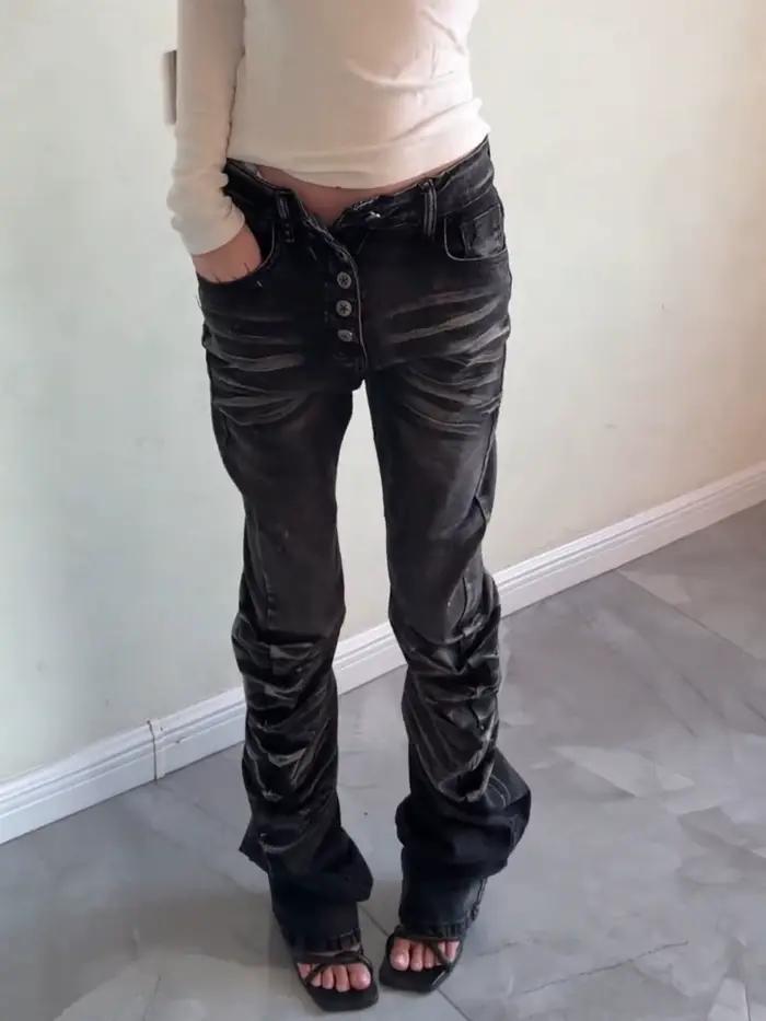 Jeans slim empilés délavés et usés style gothique rétro Y2K, mode punk American Hot Girl, streetwear