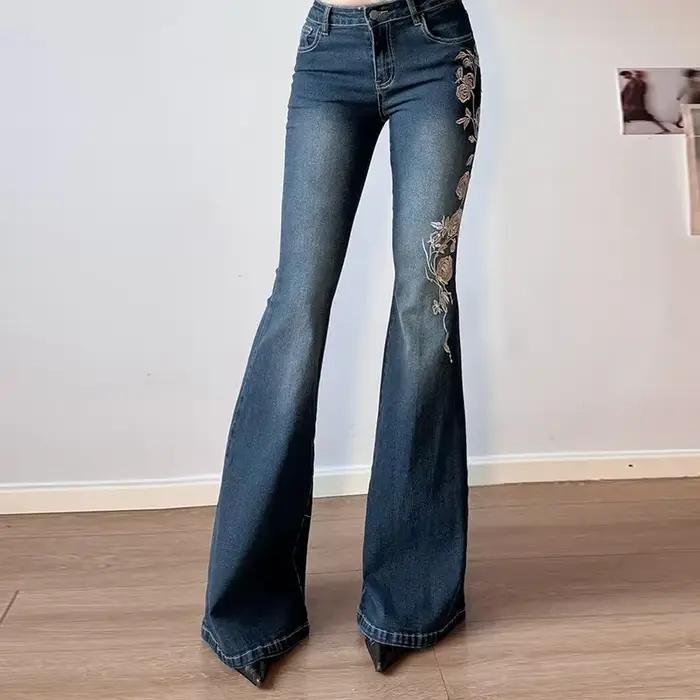 Jean Baggy rétro Y2k pour femmes, broderie florale, Vintage des années 2000, taille basse, pantalon 