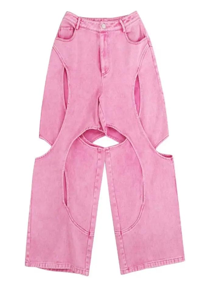 CHICEVER bébé rose Streetwear épissé creux jean pour femmes taille haute américain fille chaude Bagg