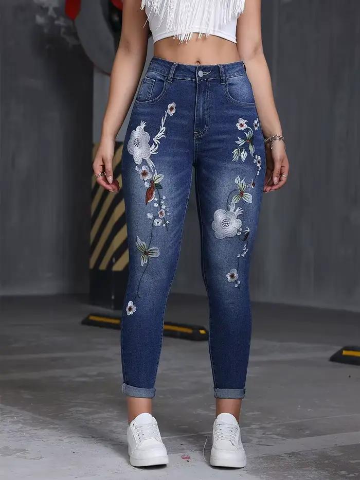 Surdimensionné printemps été automne décontracté ample jean vintage broderie florale jean femme 2025