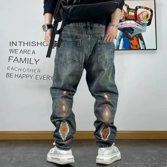 Jean en pur coton lavé rétro pour hommes, petit angle droit, broderie personnalisée, pantalon décont