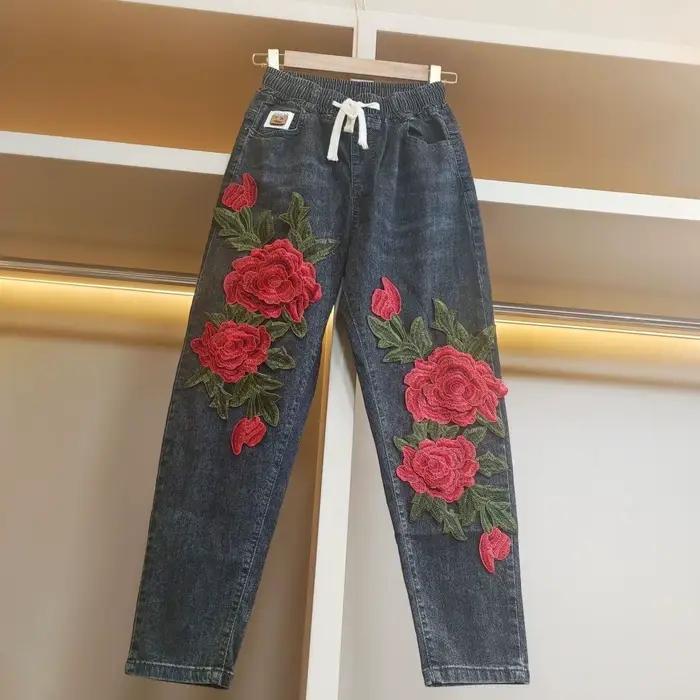 Pantalon en Denim brodé de fleurs, nouvelle mode printemps-été, pantalon décontracté pour femmes, je