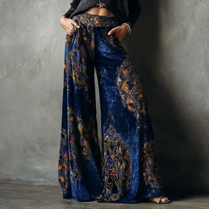 Pantalon large pour femme, style ethnique rétro, taille haute, en velours, décontracté, vintage, ave