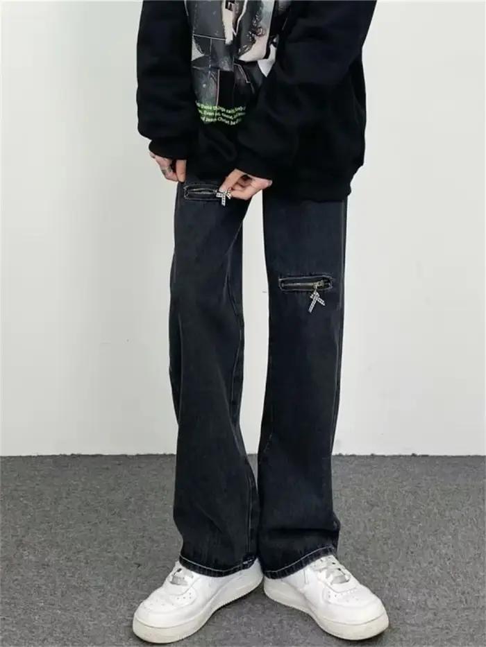 Biker Jean hommes noir foncé Stretch coupe ajustée déchiré en détresse Streetwear Denim pantalon déc