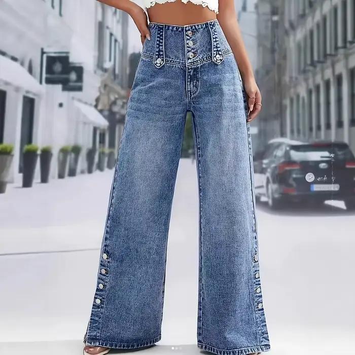 Jeans à jambes larges taille haute bleu pour femmes Mode Multi-boutons devant Détail à pression laté