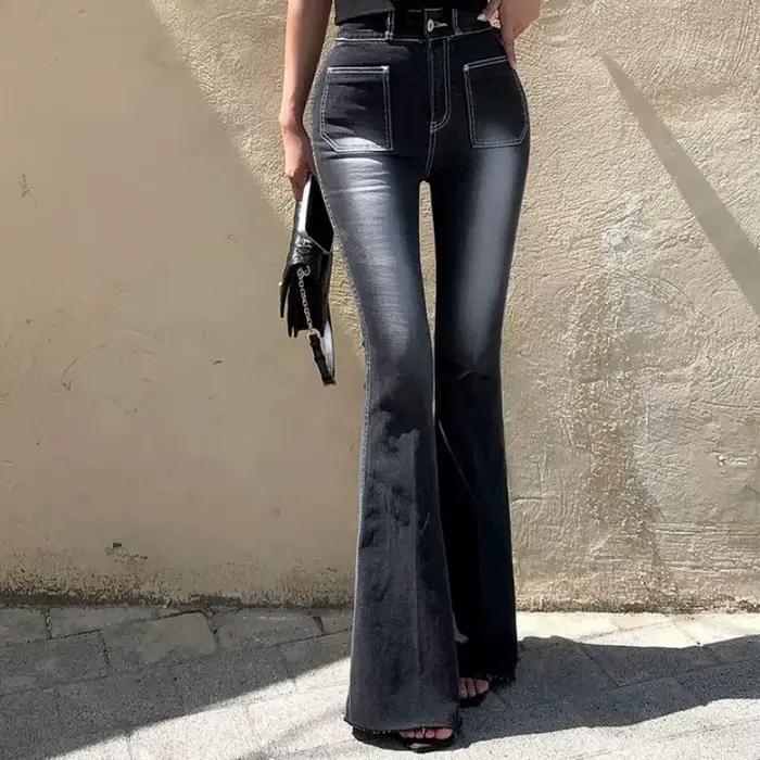 Femmes Denim jean Flare mince lavé automne hiver nouveau haute rue jambe large droite taille haute p