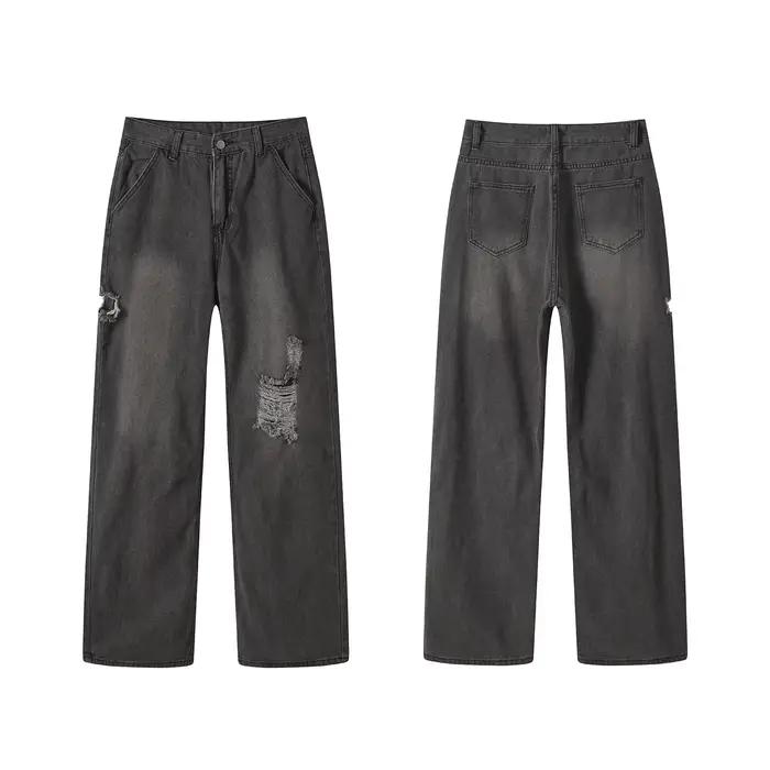 Puloru trous déchiré jean pantalon pour femmes Vintage Grunge noir taille haute bouton coupe ample D