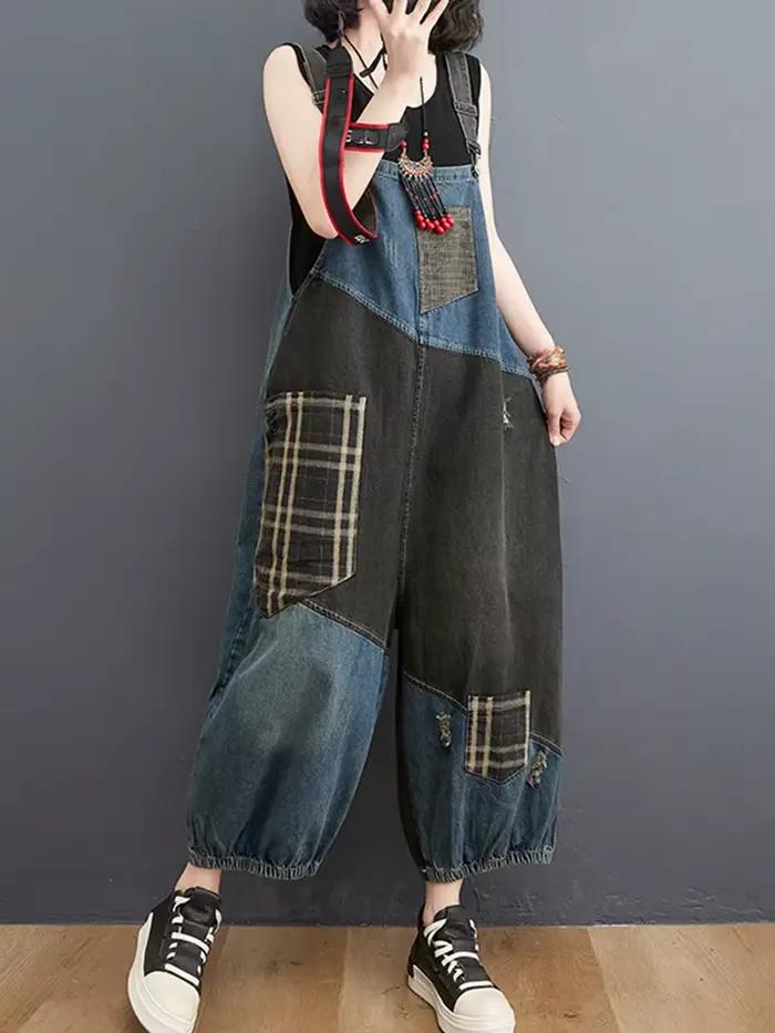 Amax luluE coréen automne jean femmes Plaid déchiré Denim salopette dames Vintage Punk pantalon ampl