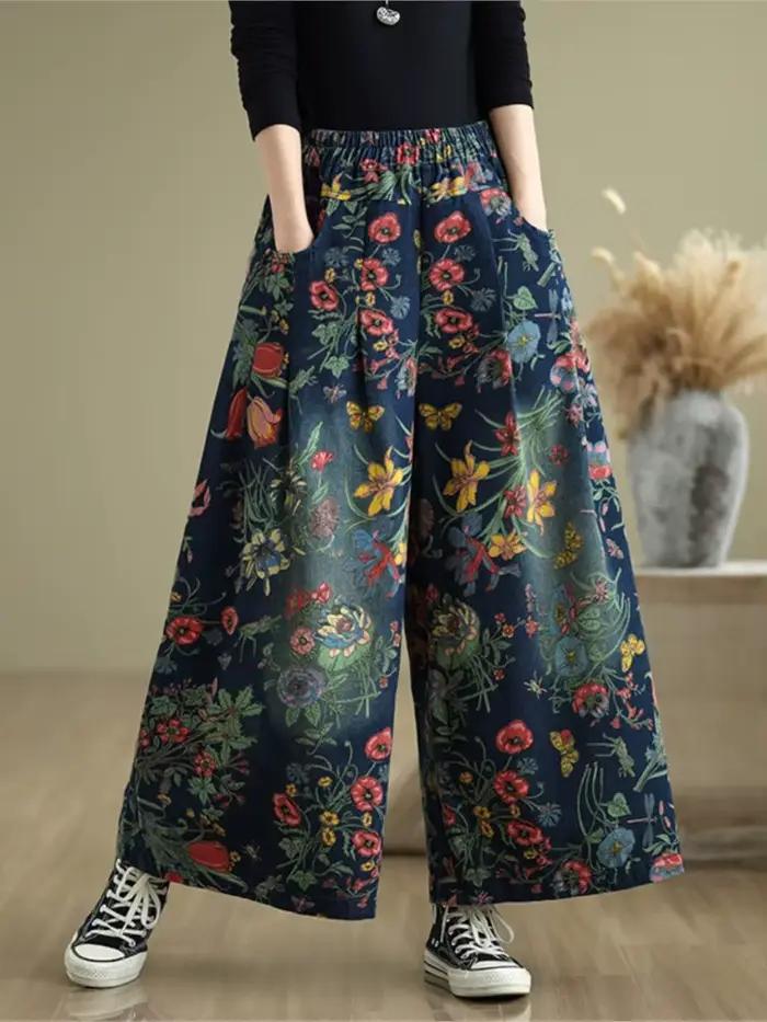 Jean ample à imprimé floral pour femme 2026 – Pantalon large décontracté pour le printemps et l'auto