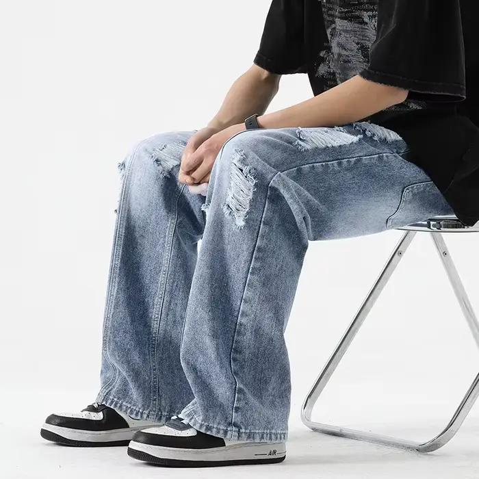 Jean déchiré 2026 d'été pour homme, coupe droite, délavé, avec lacets, fin