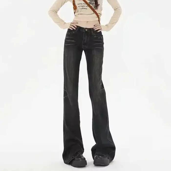 Jean délavé taille basse rétro américain pour femmes, Streetwear Y2K, pantalon évasé Slim, mode Muje