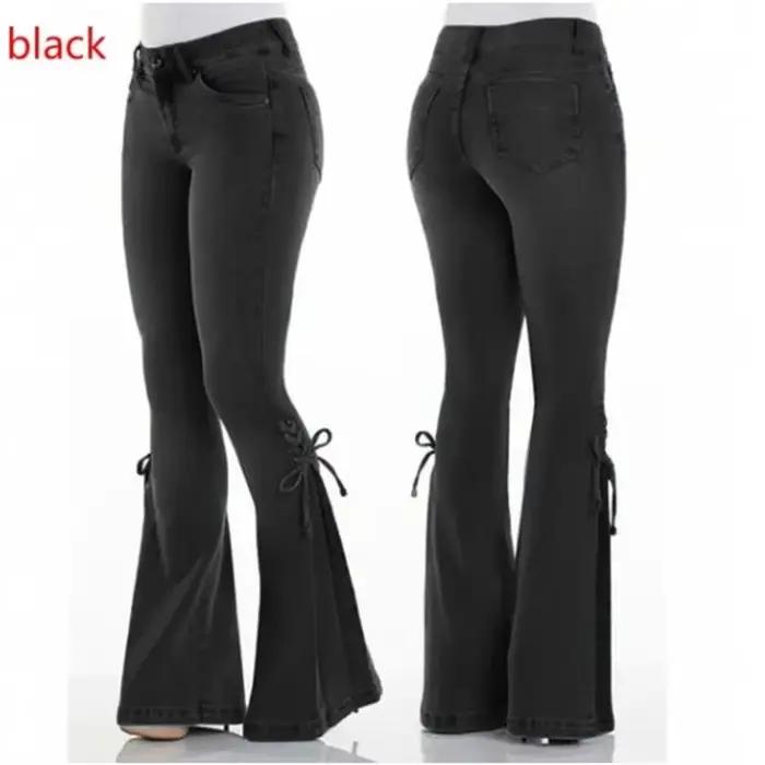 Pantalon évasé pour femmes Vintage jean à lacets extensible taille moyenne maigre en détresse lavé 2