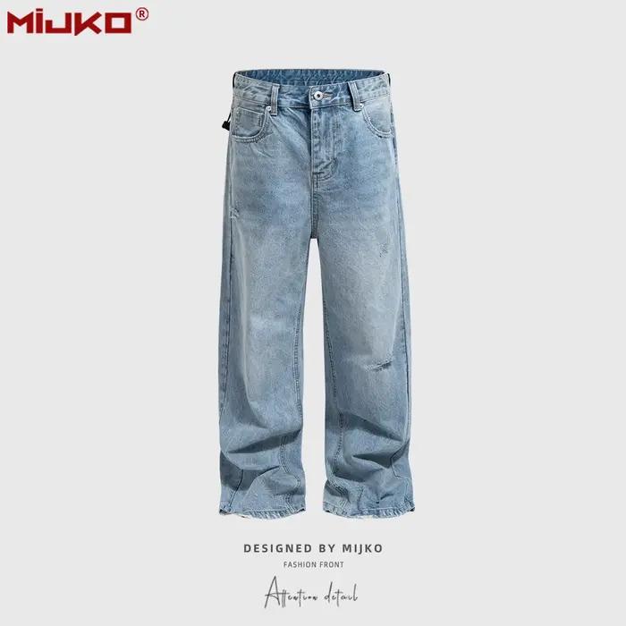 MIJKO unisexe lavé détruit Jean chat moustaches poignets jambe droite bleu coupe ample Jean TJ160