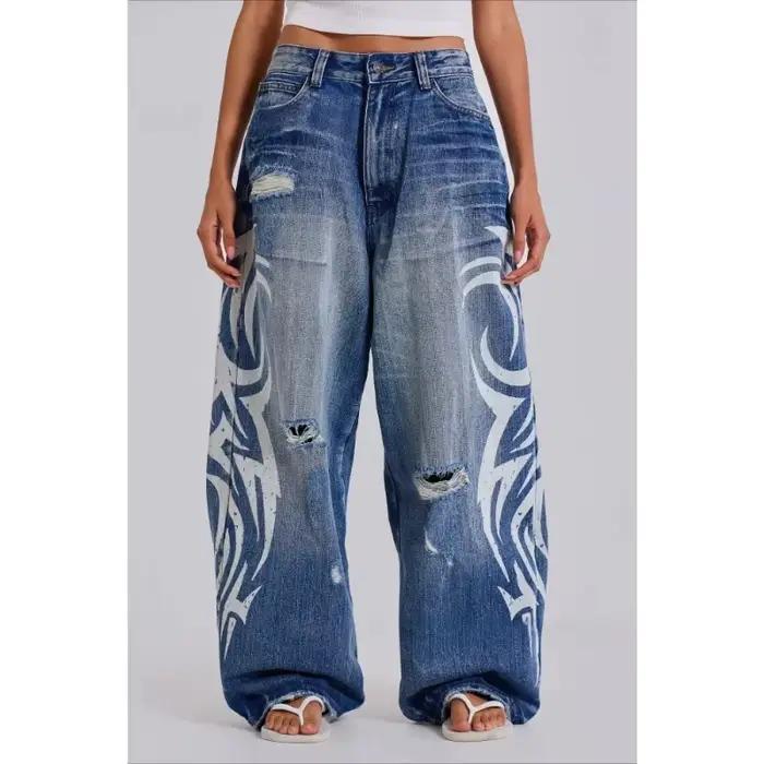 Jean imprimé Whitegraffiti pour femme, nouvelle collection 2026, style Harajuku, coupe ample grande 
