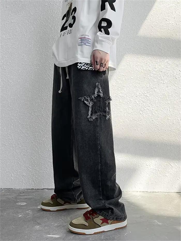 Jean brodé étoile de rue pour hommes, rétro, Patch délavé, pantalon ample à jambes larges, américain