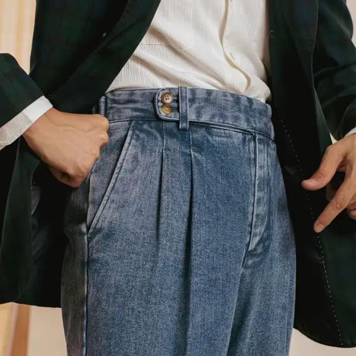 Jean Double pli pour hommes, pantalon Naples en coton délavé, ample et droit, mode printemps-automne