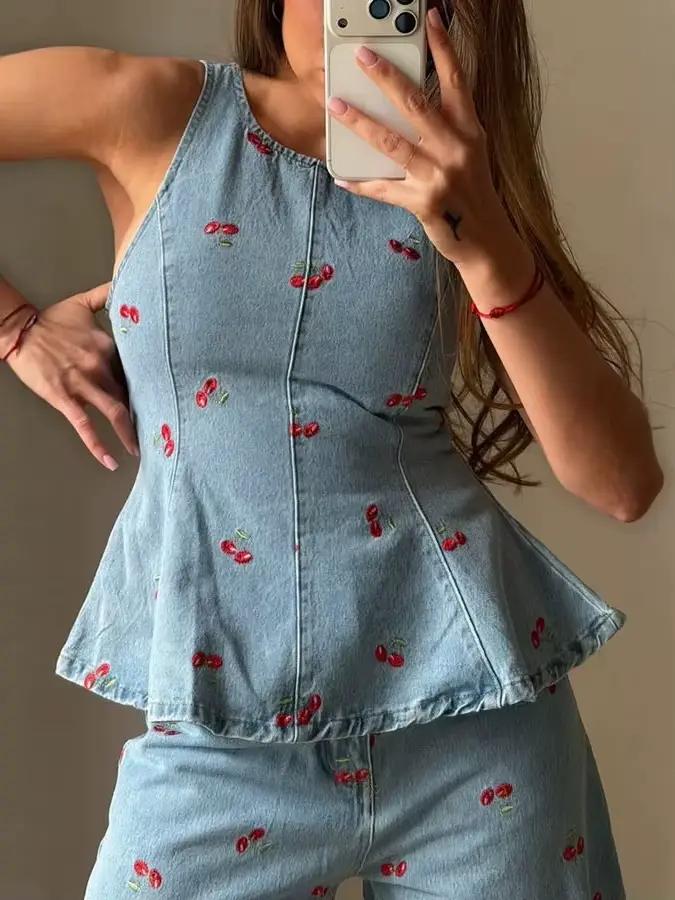 Ensemble jean rétro brodé coupe droite ample et haut sans manches décontracté pour femme – Tenue en 