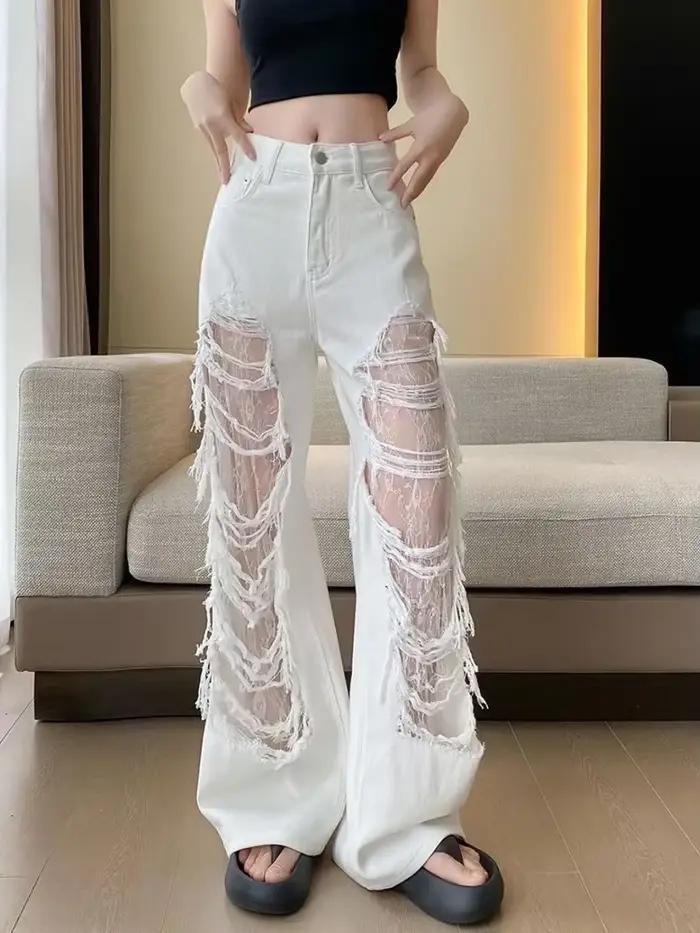 Jean blanc en dentelle pour femmes, Streetwear rétro, taille haute, pantalon en Denim Y2k, Harajuku,