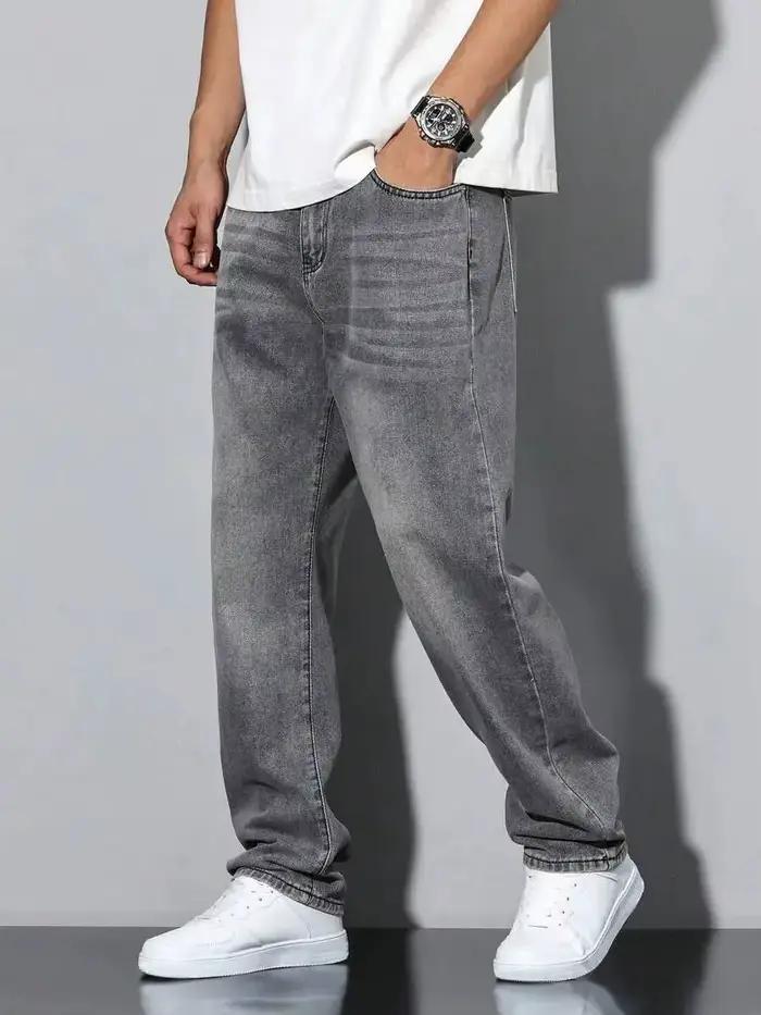 Jean gris slim droit pour hommes, design droit et simple, adapté à un usage quotidien en toutes sais