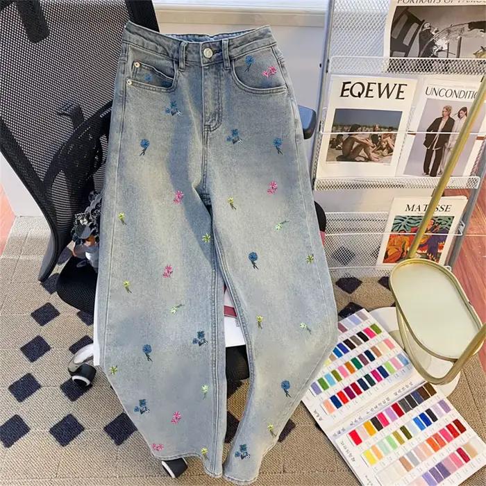 Jean à jambes droites imprimé Floral pour femmes, pantalon décontracté à poches amples, mode fermetu