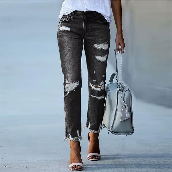 Jeans droits à pompons pour femmes avec trous cassés, pantalons en denim épissés à boutons mi-audio,