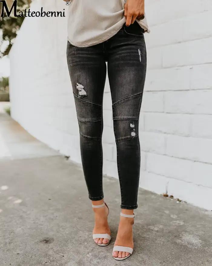 Mode taille moyenne jean moulant femmes Vintage en détresse Denim pantalon automne serti détruit cra