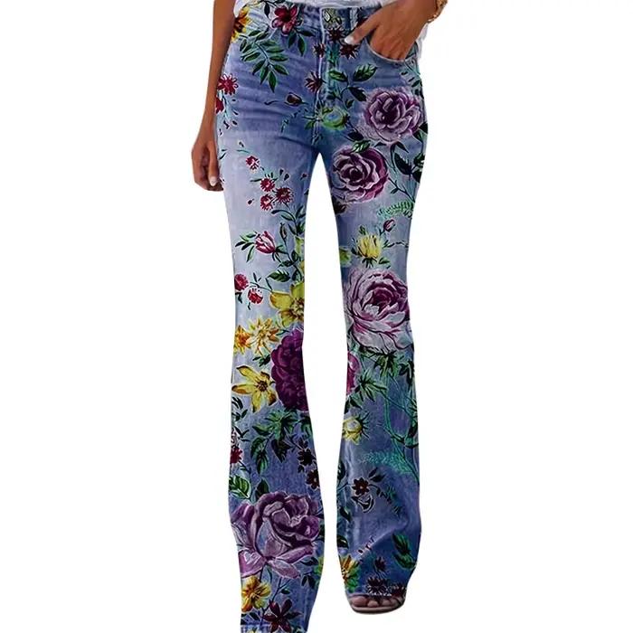 Jean évasé pour femmes, imprimé Floral, bas de cloche, pantalon en Denim pour usage quotidien, activ