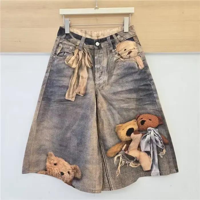 Shorts en jean amples pour femme, imprimé ourson, délavage vintage, coupe large, mi-longueur, style 
