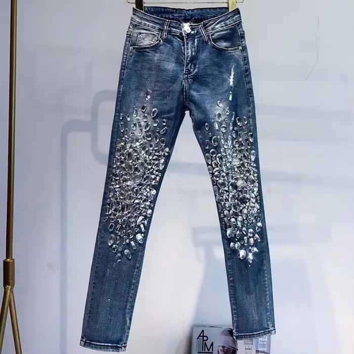 Jean en denim vintage pour femme, fusées éclairantes brodées, crayon skinny perlé, mode de luxe