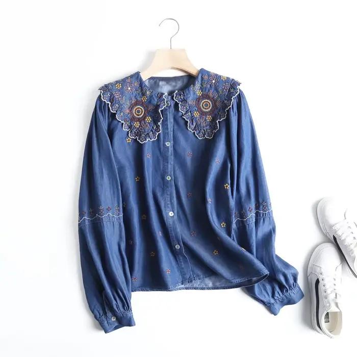 Chemise en denim brodée pour femmes, chemisier à manches longues lanterne, chemisier à boutons, jean