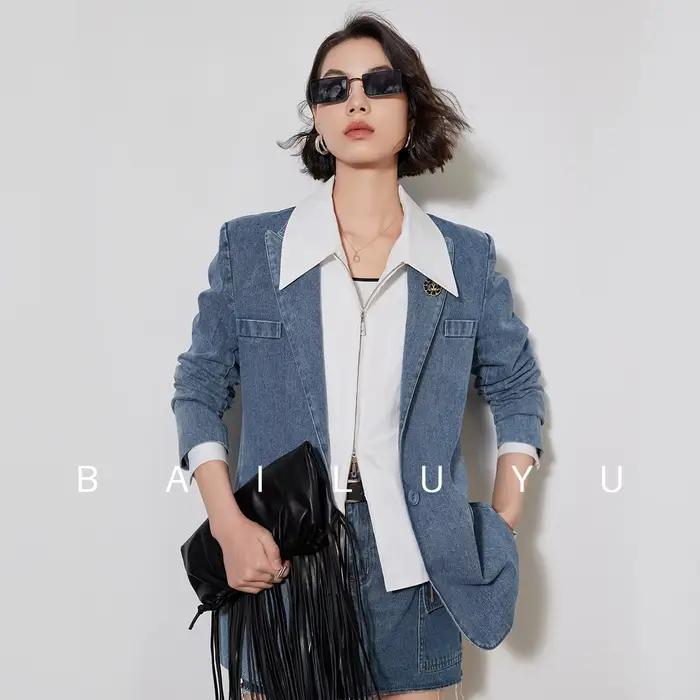 Modiis Yao-Blazer en denim imbibé de style rétro, manteau de document léger élégant, col rabattu, ma