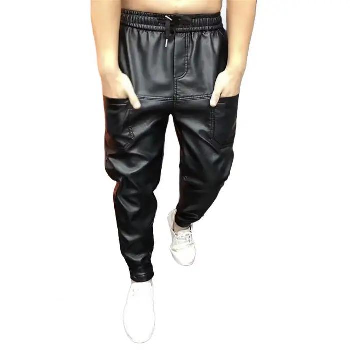 Pantalon en Faux cuir pour hommes, avec poches, taille extensible, grande taille, imperméable, bande