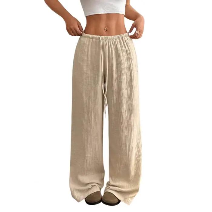 Pantalon pour femme taille haute, coupe droite, jambe large, avec cordon de serrage réglable, couleu