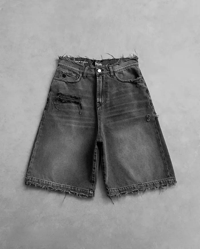 Reaven haute qualité noir Punk lavé Denim Shorts hommes été Hip Hop déchiré trou bord brut Jorts Y2k