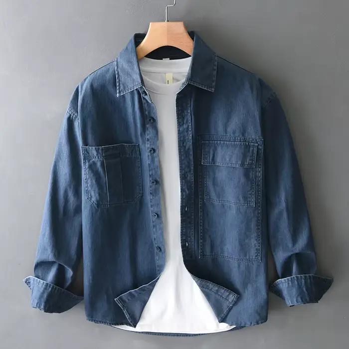 Salopette lavée vintage américaine 100% coton pour hommes, chemise ample floue de printemps, manteau