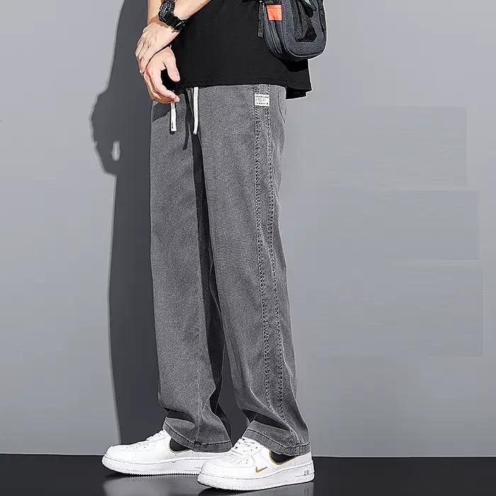Jean d'été en tissu Lyocell doux pour homme, coupe droite ample, taille élastique avec cordon de ser
